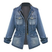 ZHIZAIHU Women's Denim Jackets Slim Jean Jackets V Neck Denim Outwear Long Sleeve Casual Coat With Pocket Fall Coats For Women Blue L